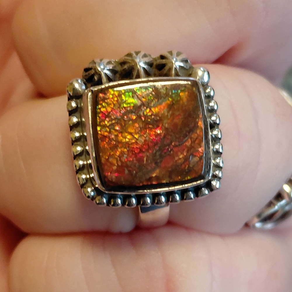 Fiery Ammolite Sterling Silver Ring Size 6 - Picture 8 of 13